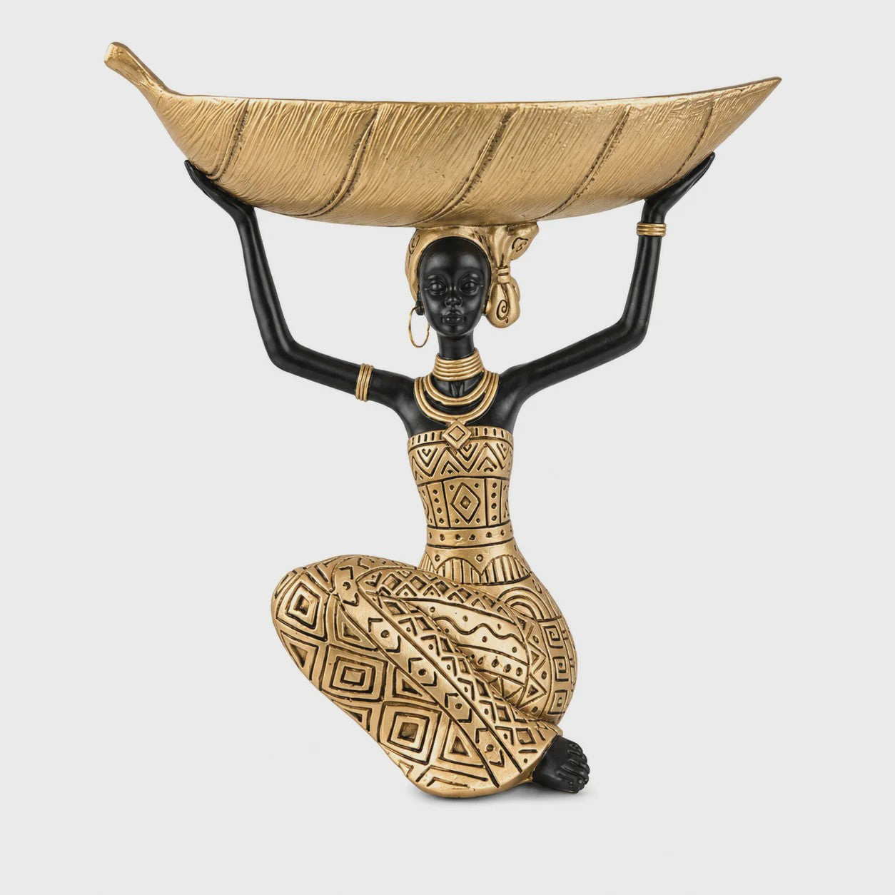 Afrikaanse Tribale Vrouw Beeld met Blad Schaal - Decoratieve Opberger