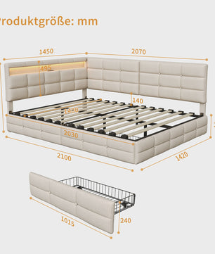 L-vormig Gestoffeerd Bed met USB, LED en Opbergruimte - Beige/Grijs