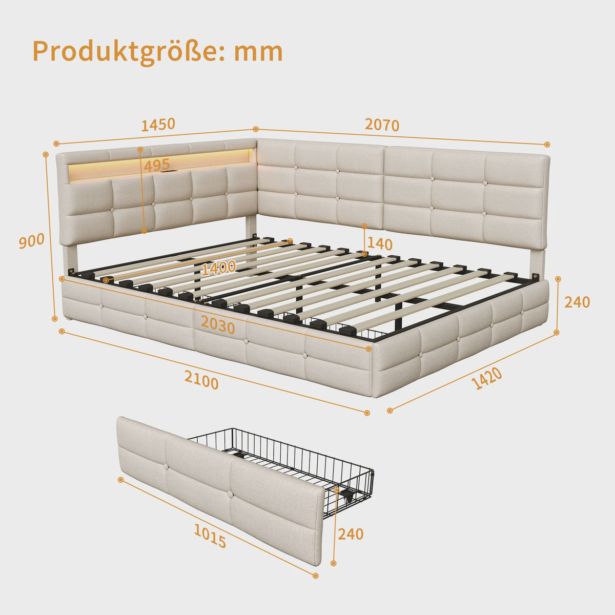 L-vormig Gestoffeerd Bed met USB, LED en Opbergruimte - Beige/Grijs