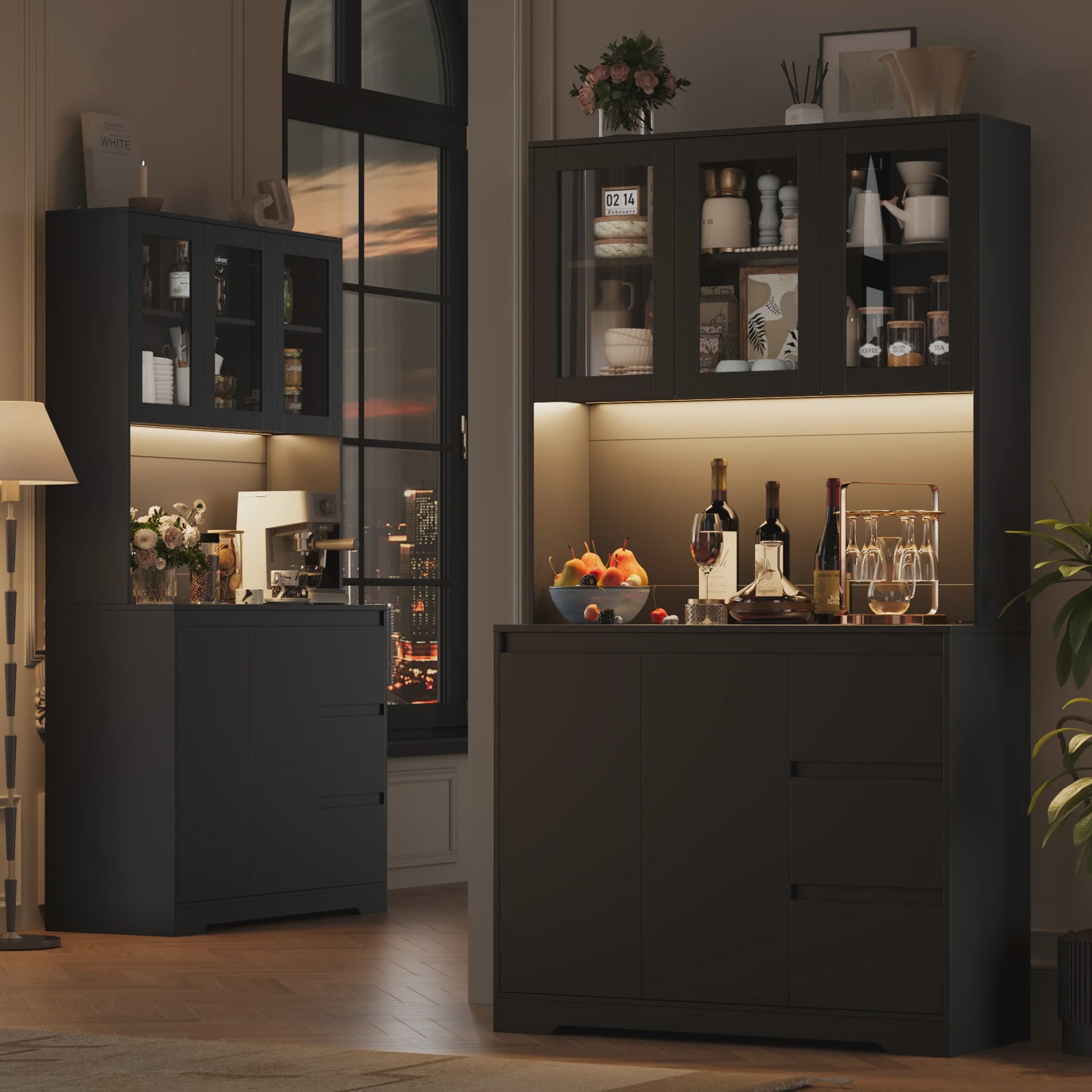 Keuken Buffetkast met LED Verlichting, 3 Lades en Stopcontacten - 100x38.5x180cm