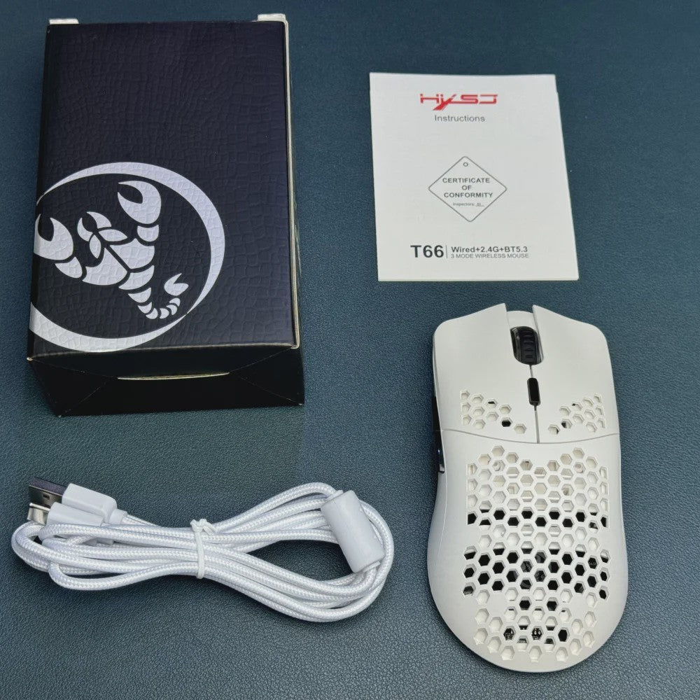 HXSJ T66 Gaming Muis: Draadloos, RGB, 10000DPI, 3 Modi (USB, 2.4G, BT 5.3), Macro Programmeerbaar