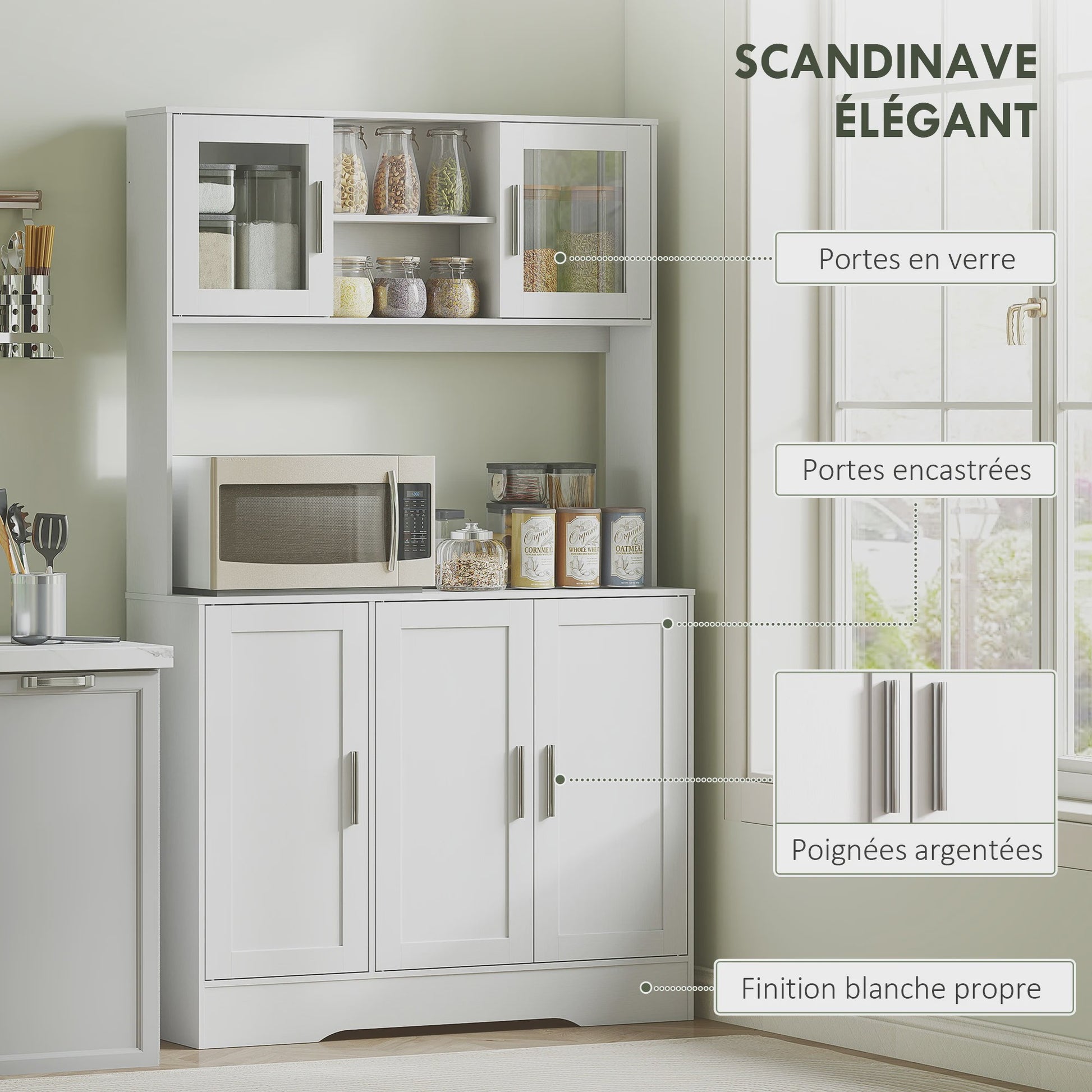 HOMCOM Keuken Buffetkast Scandinavisch Wit met Glazen Deuren en Open Vakken