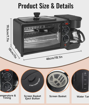 3-in-1 Ontbijt Machine: Oven, Koffiezetter & Grillpan - Compacte Keukenheld