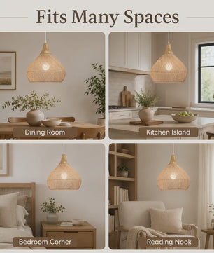 Boho Rotan Hanglamp met Houten Top - Sfeervolle Verlichting voor Woonkamer, Keuken & Eetkamer