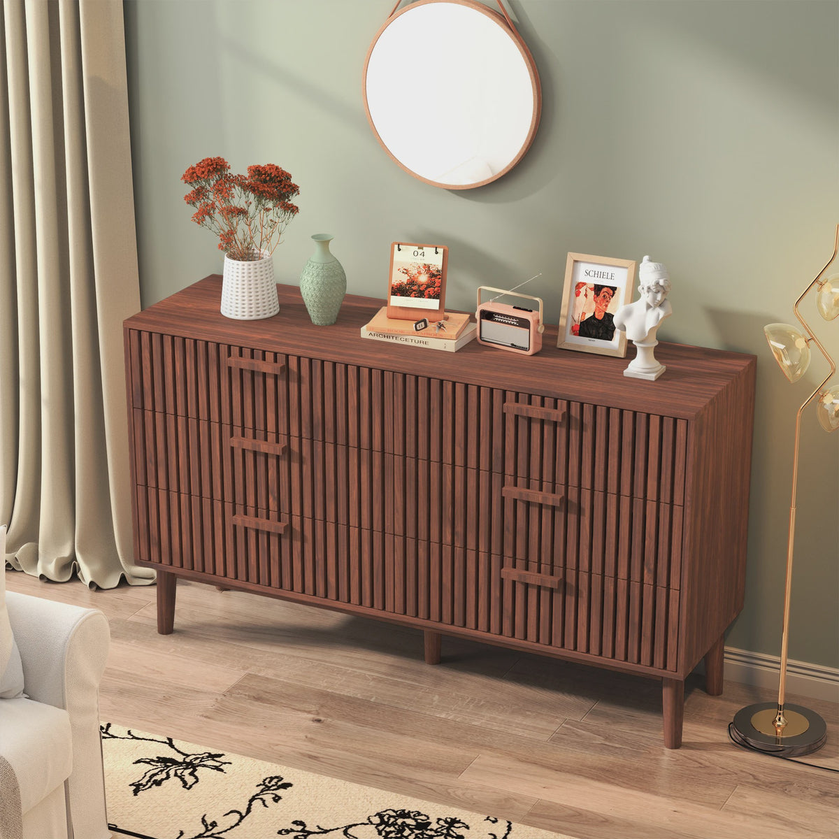 Ladekast met Rotan Front - Massief Hout - Mid-Century Modern Design
