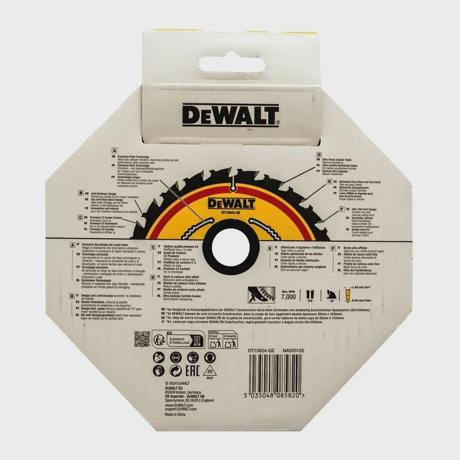 DeWalt DT10624-A9 Cirkelzaagblad 165mm x 20mm, 24T - Voor Houtbewerking & Constructie