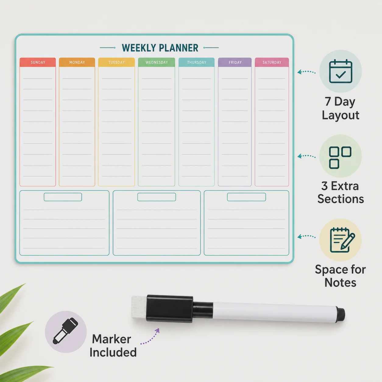 Weekplanner 30x40 cm Kleurgecodeerd met Marker - Ideaal voor Koelkast & Kantoor