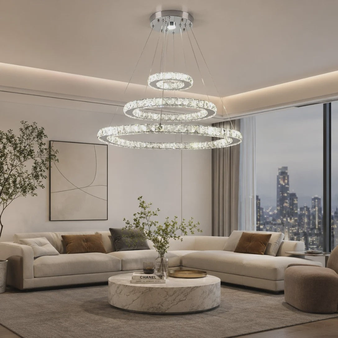 Luxe Kristallen Plafondlamp 3 Ringen LED Hanglamp - Sfeervolle Verlichting