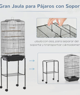 Ruime Vogelkooi met Standaard, Wielen en Opbergplank - 46.5x36x157 cm