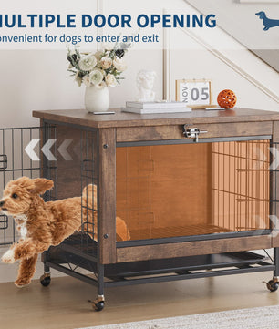 Luxe Houten Hondenkooi Meubel met Dubbele Deuren en Wielen - Afsluitbare Binnen Bench & Tafel voor Kleine/Medium Honden