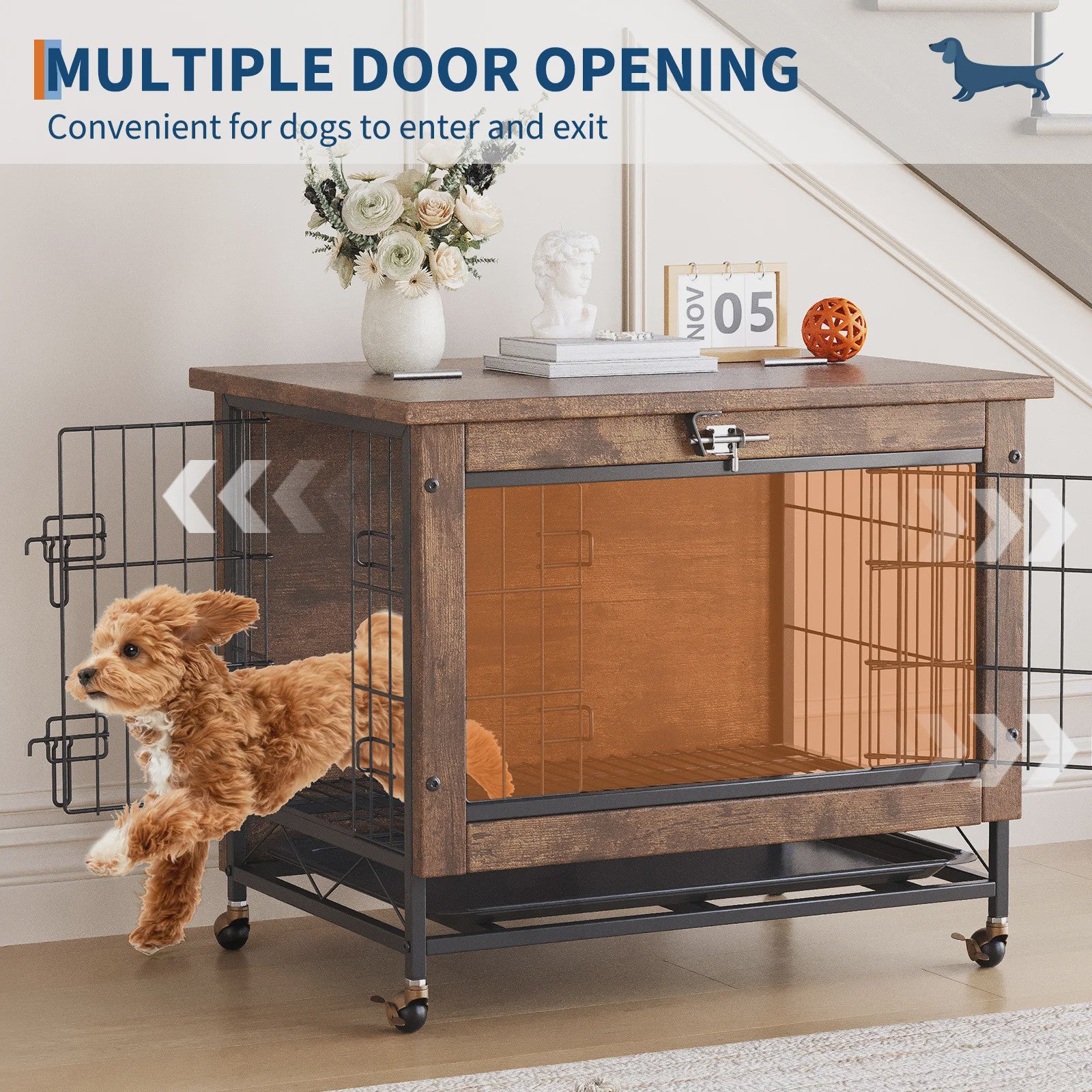 Luxe Houten Hondenkooi Meubel met Dubbele Deuren en Wielen - Afsluitbare Binnen Bench & Tafel voor Kleine/Medium Honden