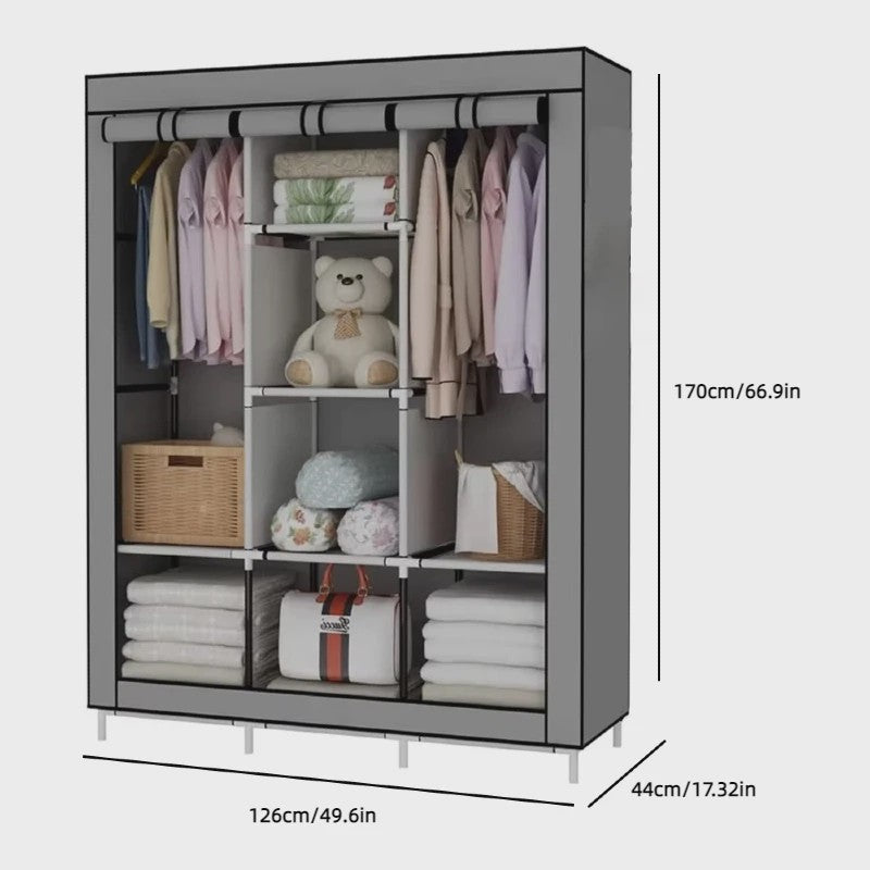 Draagbare Kledingkast Organizer - Opvouwbare Opbergkast met Stangen en Legplanken (126x44x170cm)