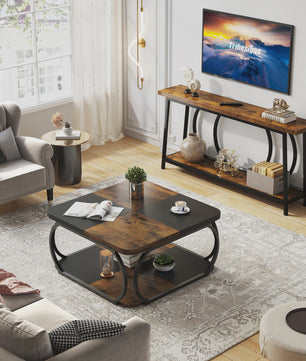 Industriële Salontafel met 2 Niveaus - 100 cm Vierkant - Metaal & Hout-look