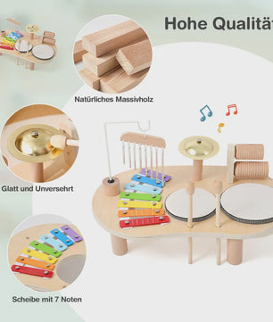Montessori Houten Muziektafel 7-in-1 voor Kinderen - Xylofoon, Trommel & Meer