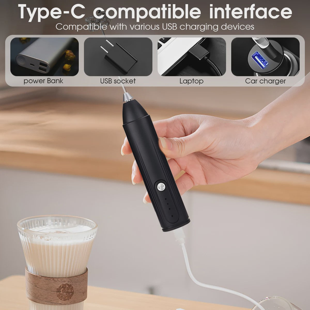 Draadloze Elektrische Opschuimer & Klopper - 3 Snelheden, USB Oplaadbaar