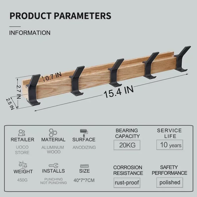 Nordic Wandkapstok met 5 Verstelbare Aluminium Haken - Hout & Metaal