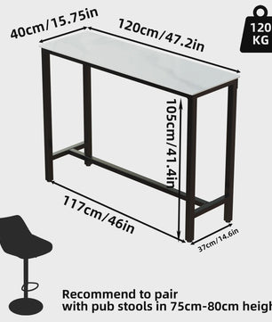 Sintered Stone Bartafel Wit Rechthoekig 120cm - Counter Height Pub Tafel met Zwart Metaal Frame