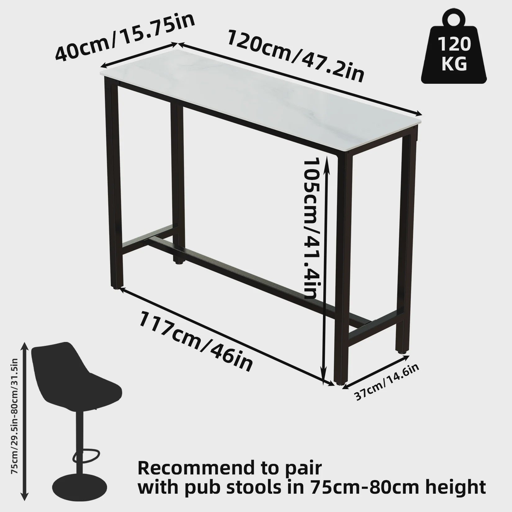 Sintered Stone Bartafel Wit Rechthoekig 120cm - Counter Height Pub Tafel met Zwart Metaal Frame