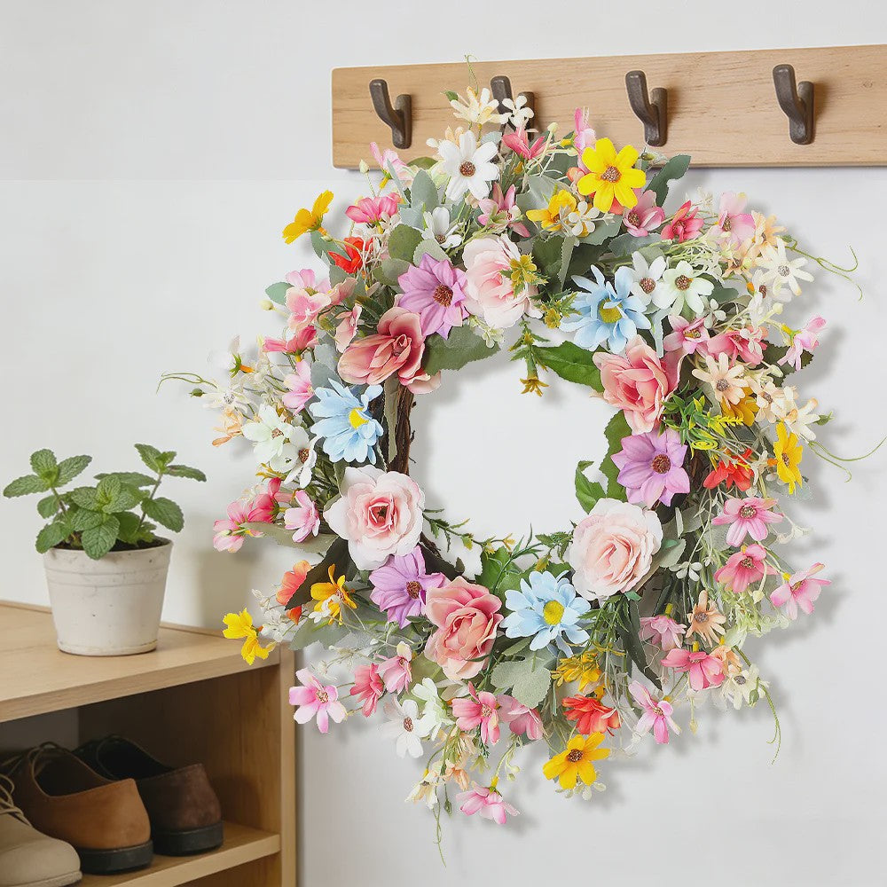Kleurrijke Kunstbloemen Krans - Lente, Pasen, Valentijn Deurdecoratie & Woonaccessoire