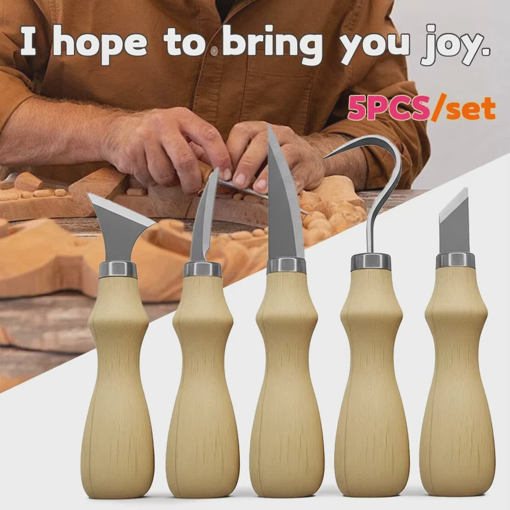 5-delige Houtsnijset met Beukenhouten Handvat - Scherpe Gereedschappen voor Kunst & Ambacht