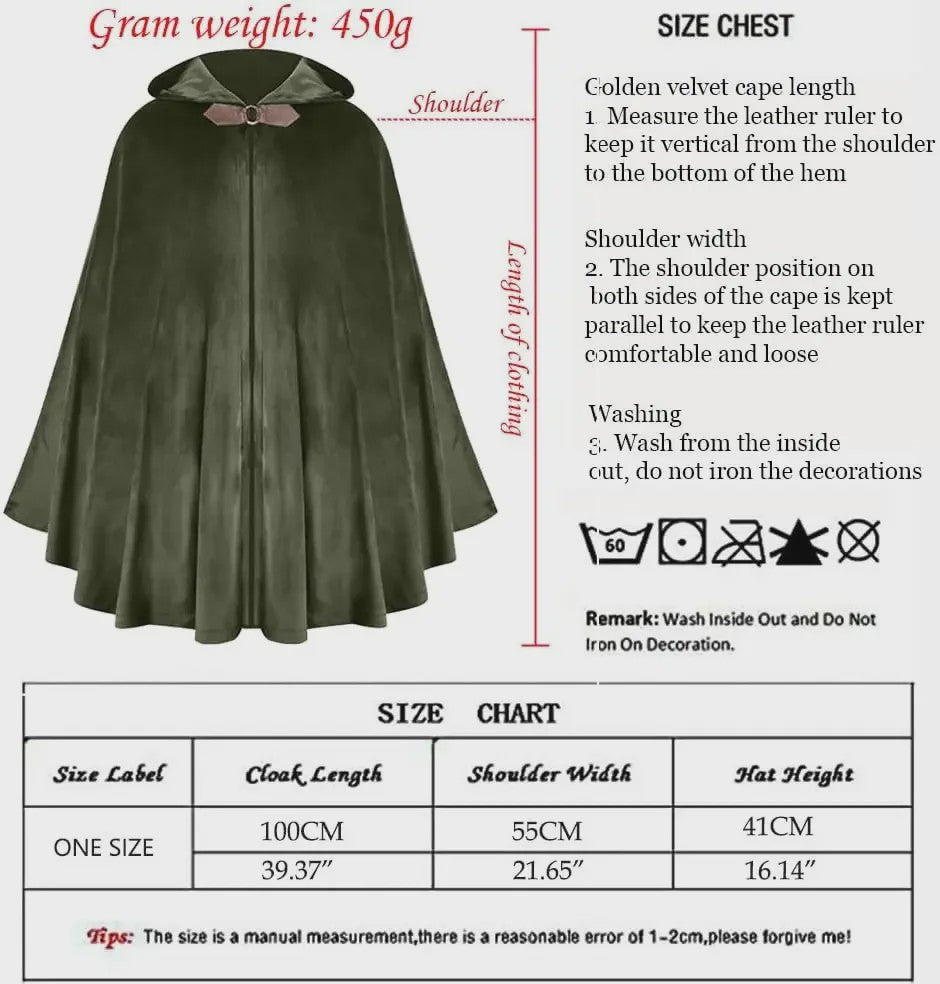 Middeleeuwse Fluwelen Kapmantel - Renaissance Cape met Capuchon voor Halloween en Cosplay