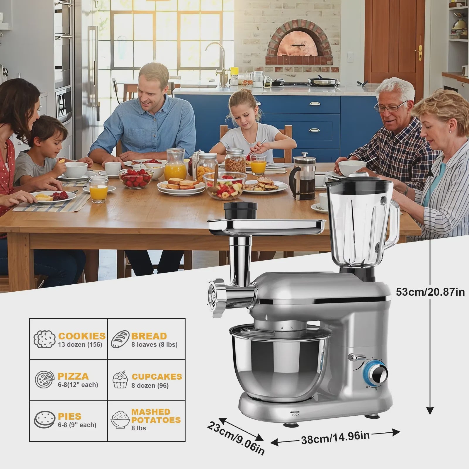 Krachtige 1900W Keukenmachine met 6L Kom: Mixer, Gehaktmolen & Blender