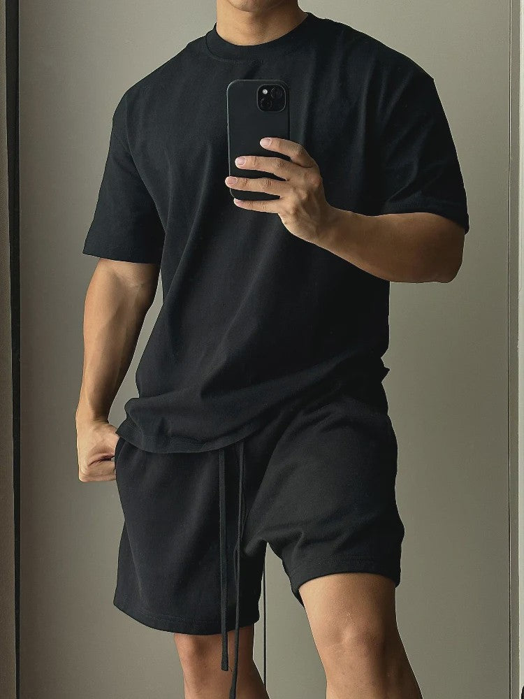 Heren Katoenen Set: Trendy T-shirt met Korte Mouwen en Shorts