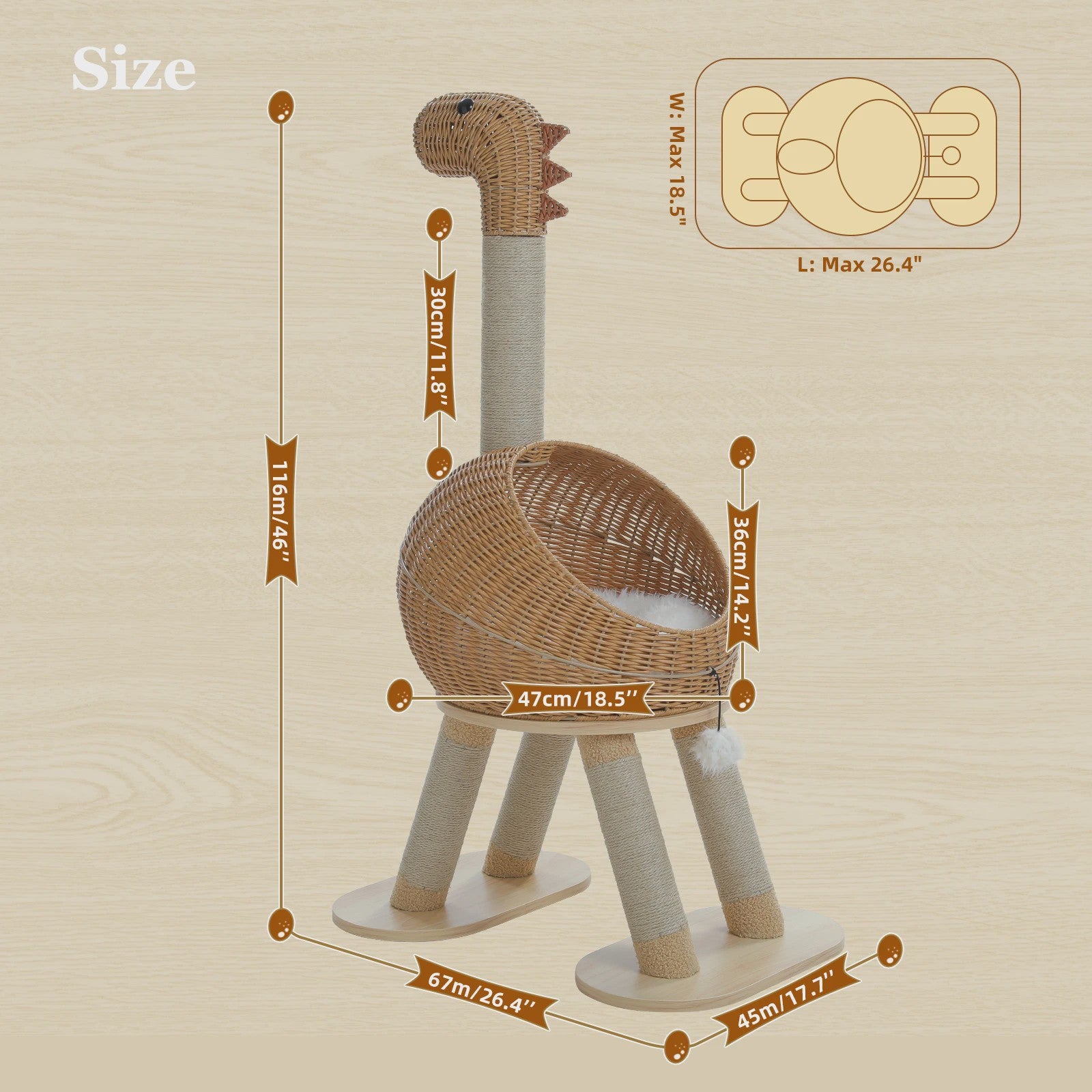 Dino Kattenkrabpaal met Mand en Sisalpaal - Rattan Design