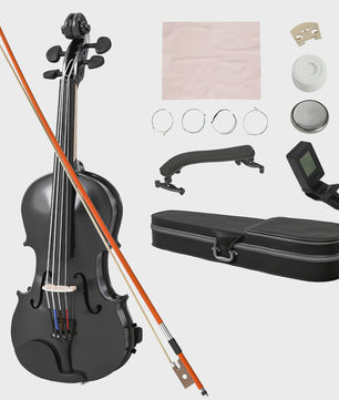 Volledige set 4/4 houten viool zwart met koffer, strijkstok, hars en accessoires
