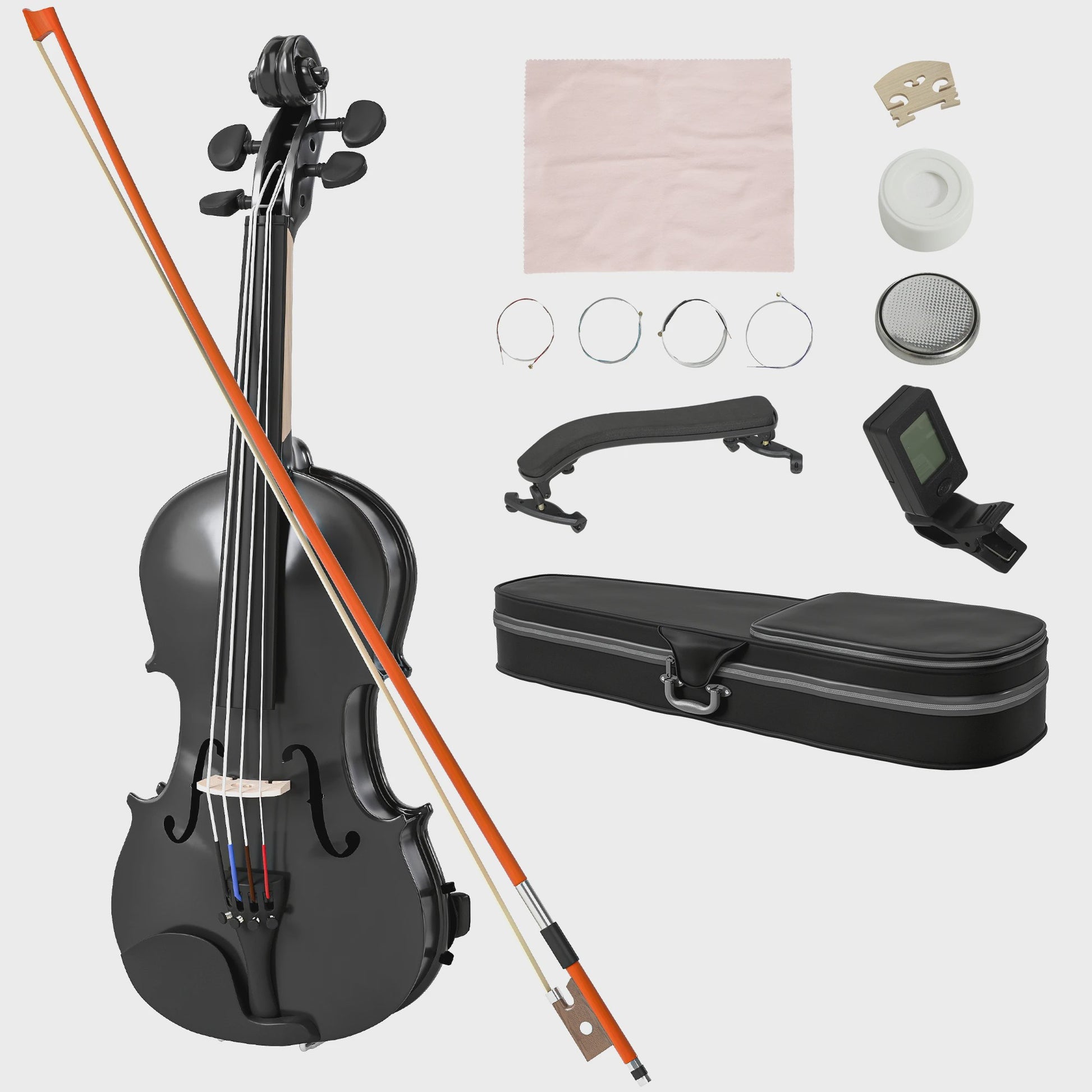 Volledige set 4/4 houten viool zwart met koffer, strijkstok, hars en accessoires