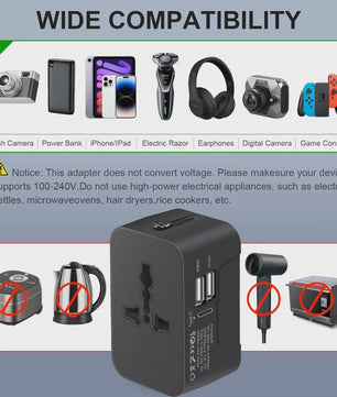 Universele Reisadapter met 2 USB & USB-C Poorten - Wereldwijd Bruikbaar