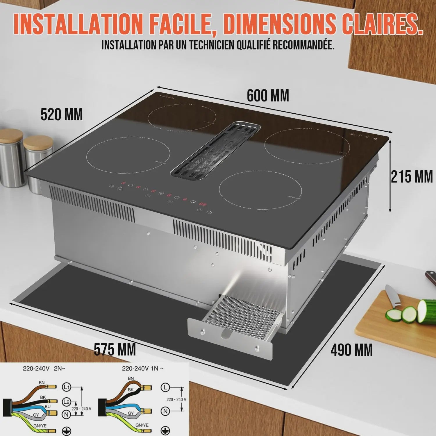 Karinear Inbouw Inductie Kookplaat met Afzuiging - 60cm, 6400W, 9 standen, Timer & Boost