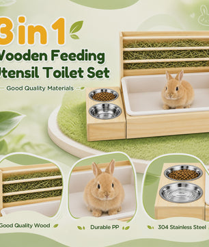 3 in 1 Rabbit Hay Feeder with Litter Box and Bowls, Wooden Small Animal Feeding Station with Hay Rack, Rabbit Food Dispenser for Guinea Pig Hamster Chinchilla Ferret