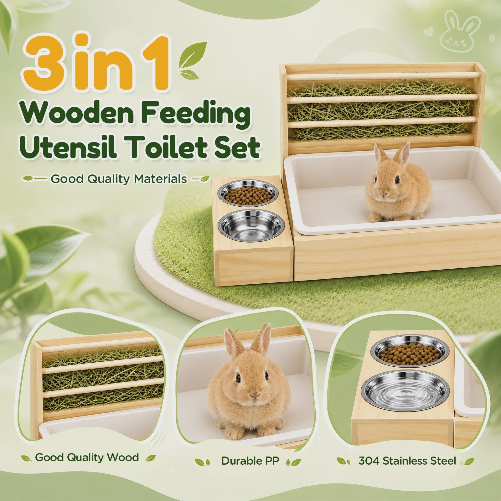 3 in 1 Rabbit Hay Feeder with Litter Box and Bowls, Wooden Small Animal Feeding Station with Hay Rack, Rabbit Food Dispenser for Guinea Pig Hamster Chinchilla Ferret