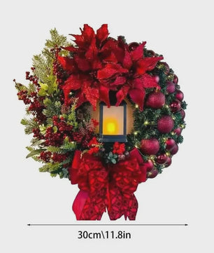 30cm Kerstkrans met Lantaarn en Grote Strik - Decoratieve Deurkrans voor de Feestdagen