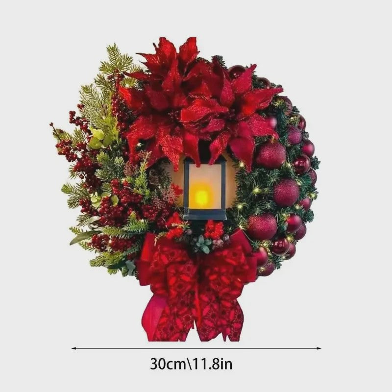 30cm Kerstkrans met Lantaarn en Grote Strik - Decoratieve Deurkrans voor de Feestdagen