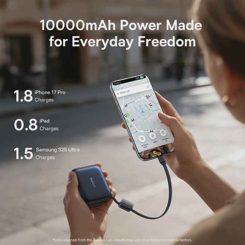 Baseus 45W Mini Powerbank 10000mAh met Ingebouwde USB-C Kabel - Compact & Snel Laden