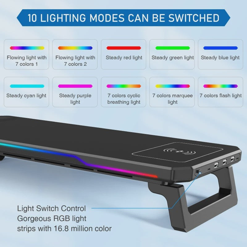 RGB Monitorstandaard met Draadloze Oplader en USB Hub