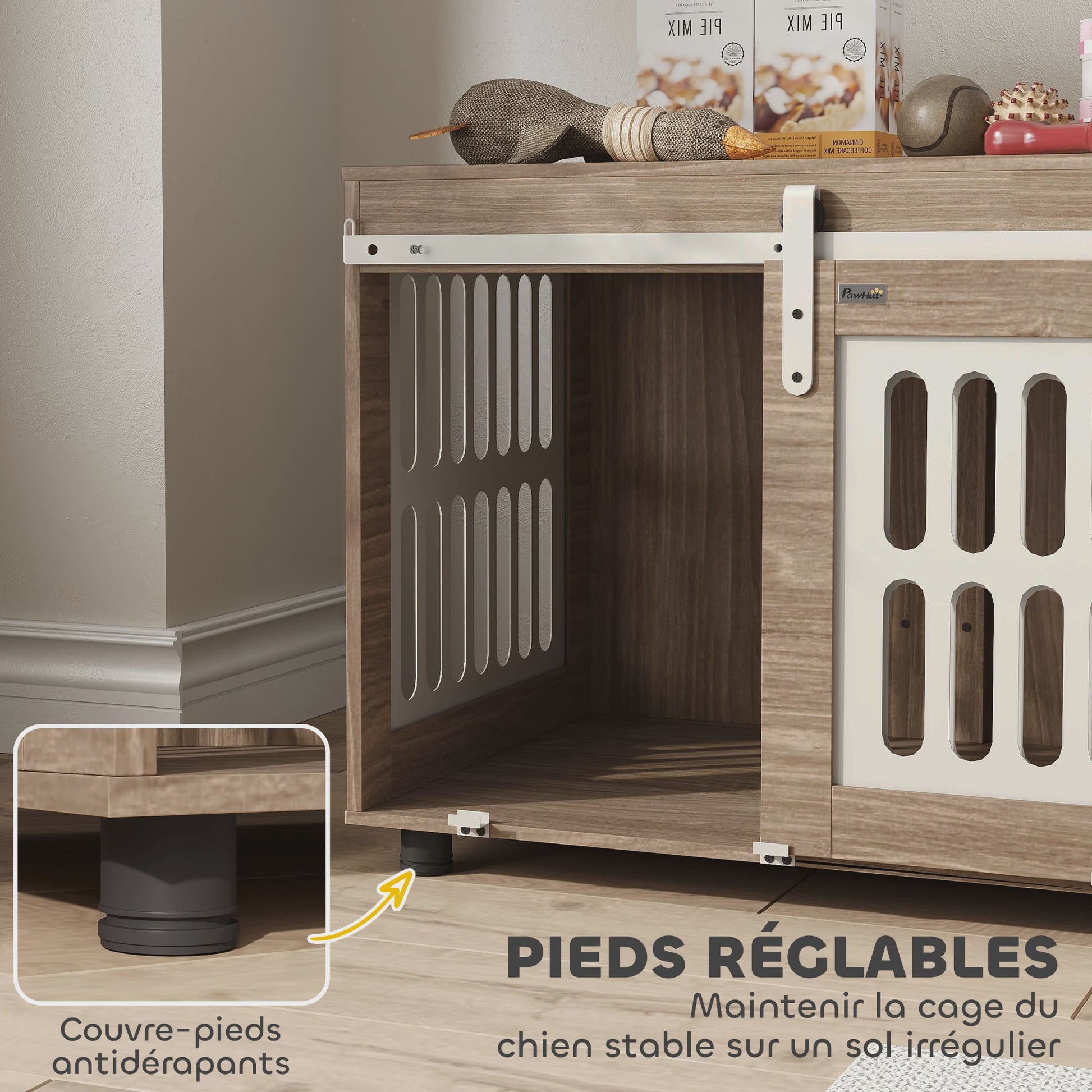 PawHut Houten Hondenkennel met Schuifdeur - Stijlvolle Hondenmand & Bijzettafel voor Middelgrote Honden - Goede Ventilatie