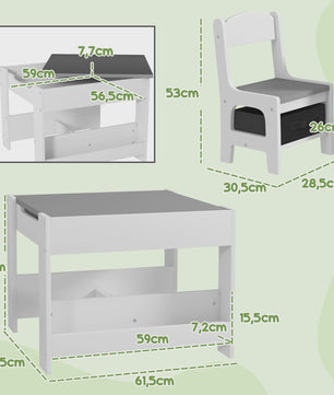 HOMCOM Kinder Tafel en Stoelen Set: 3 Delig met Opbergruimte en Omkeerbaar Zwart Blad