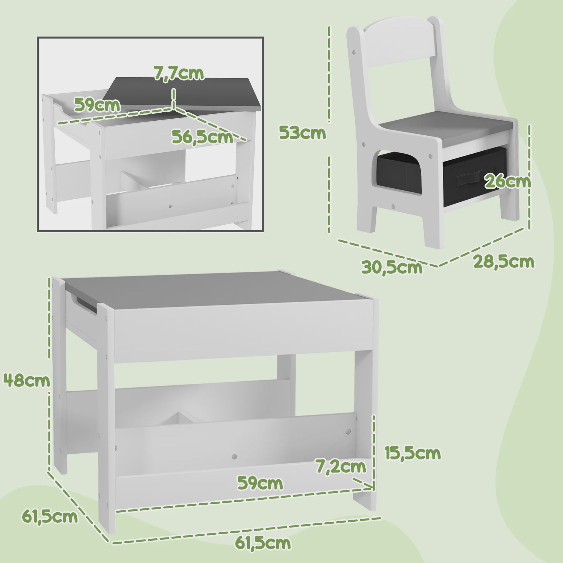 HOMCOM Kinder Tafel en Stoelen Set: 3 Delig met Opbergruimte en Omkeerbaar Zwart Blad