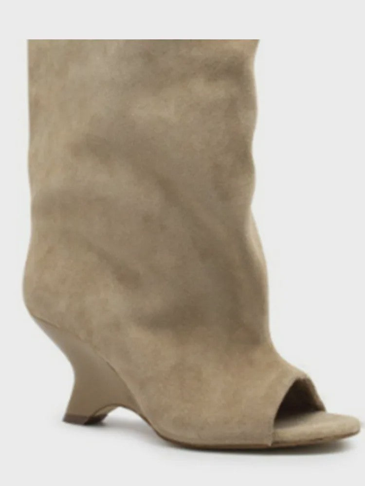 Dames Laarzen met Peep-toe, Hoge Schuine Hak en Kniehoge Schacht - Zomer/Lente Collectie