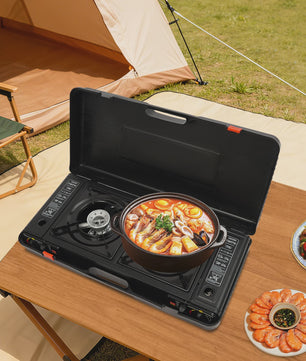 Draagbaar Camping Gasfornuis met 2 Brander, Bakplaat & Koffer