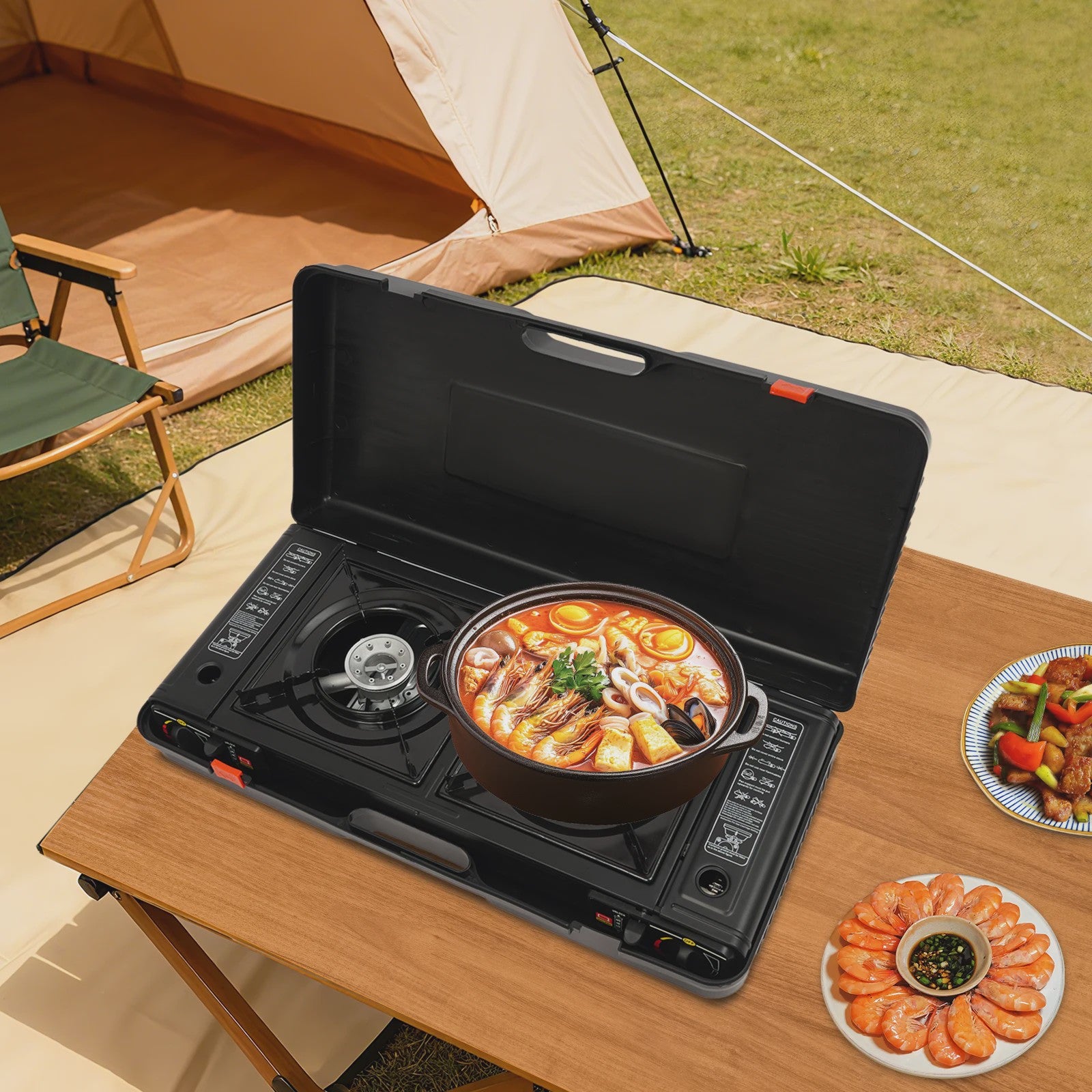 Draagbaar Camping Gasfornuis met 2 Brander, Bakplaat & Koffer