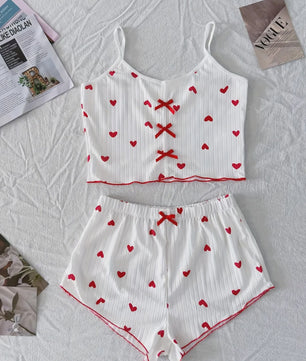 Dames Pyjama Set Hartjes Print - Cropped Cami Top met Strik & Elastische Shorts