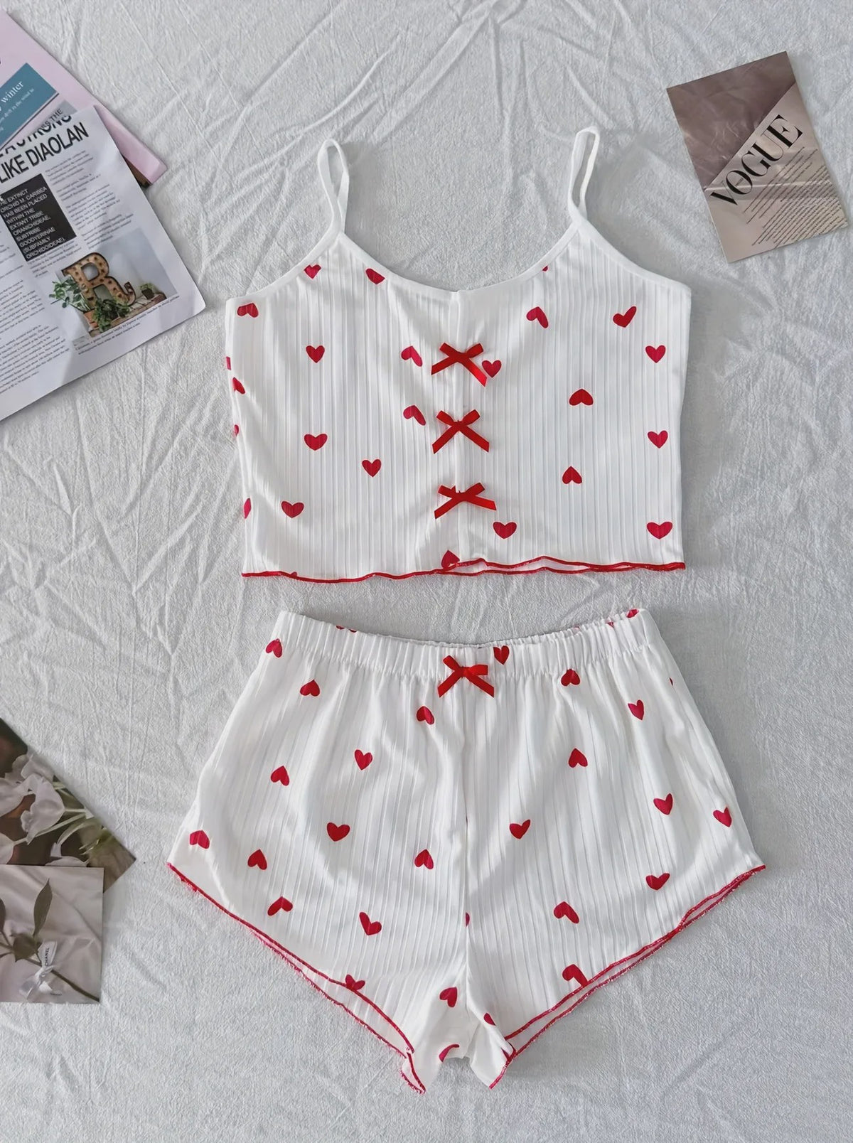 Dames Pyjama Set Hartjes Print - Cropped Cami Top met Strik & Elastische Shorts