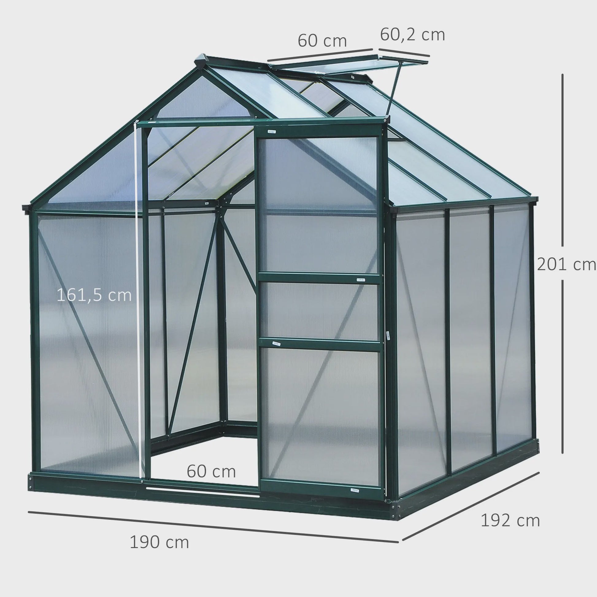 Outsunny Polycarbonaat Tuinkas 190x201 cm UV-bestendig met Dakgoot - Donkergroen