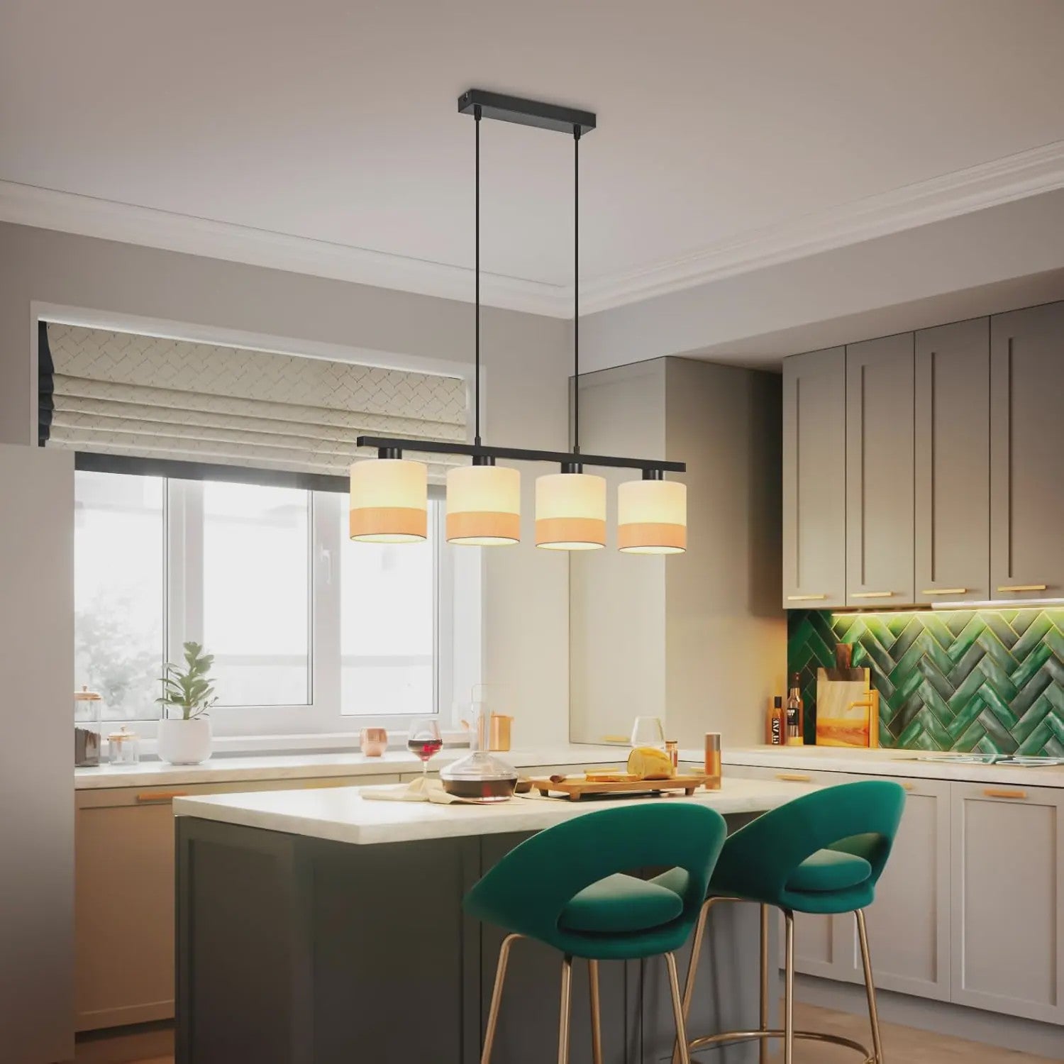 Vintage Hanglamp 4-Lichts E27 Stof met Verstelbare Hoogte voor Eetkamer, Woonkamer of Keuken