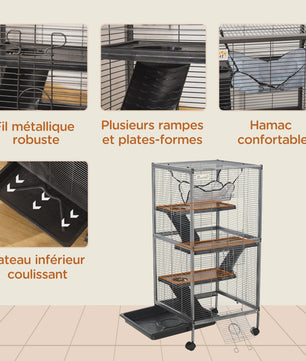 Pawut 4-level Portable Small Animal Cage for Small Animal, 2-door, 2-door, 3-Ramp, hammock and removable tray, 52x52 x cm Grey