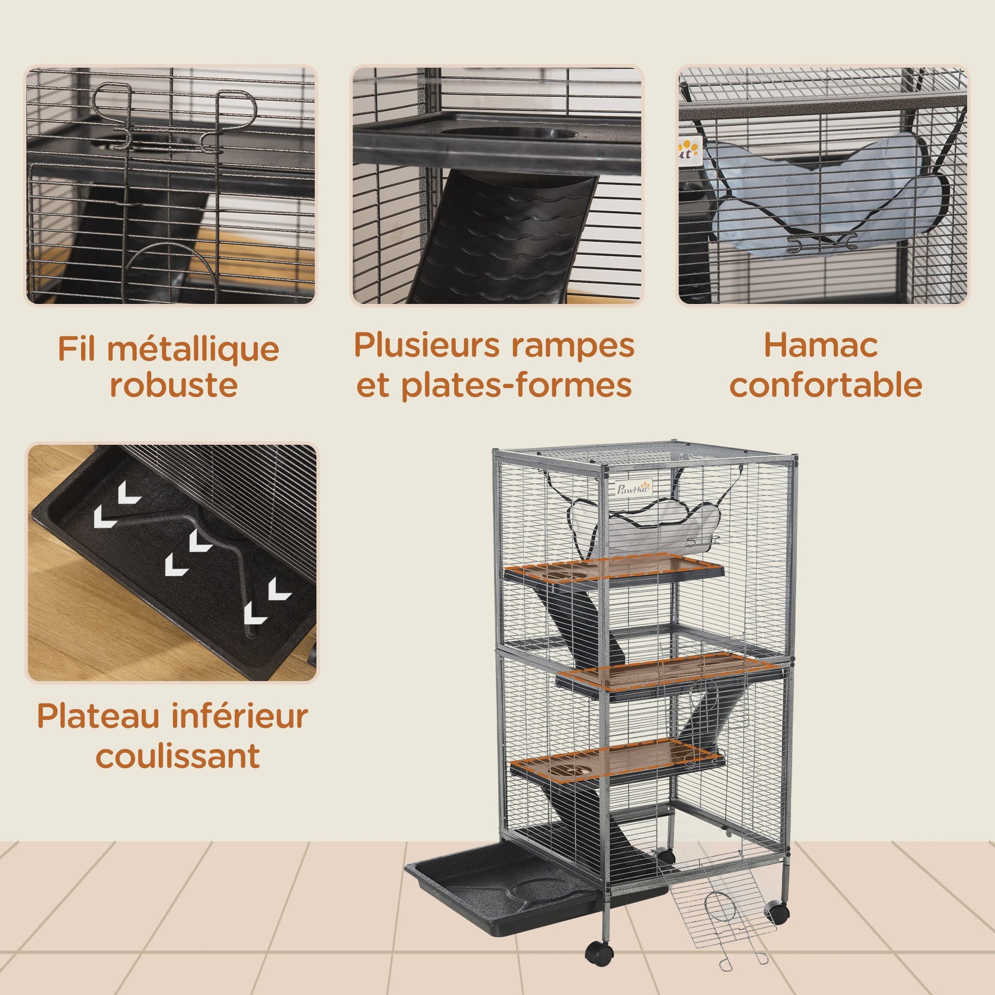 Pawut 4-level Portable Small Animal Cage for Small Animal, 2-door, 2-door, 3-Ramp, hammock and removable tray, 52x52 x cm Grey